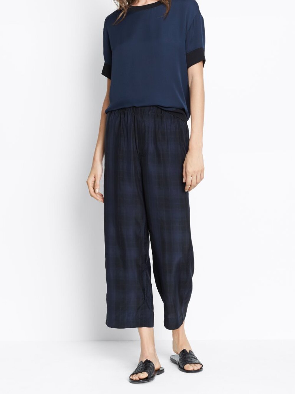 NWT Vince Plaid Slouchy Pull-On Crop Wide Leg Pants in Dark Blue Size XS‎ $375